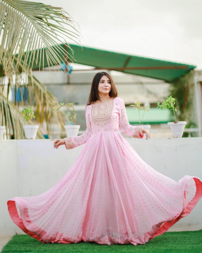 SOLID PINK LONG FLARED HAND EMBELLISHED ANARKALI SET