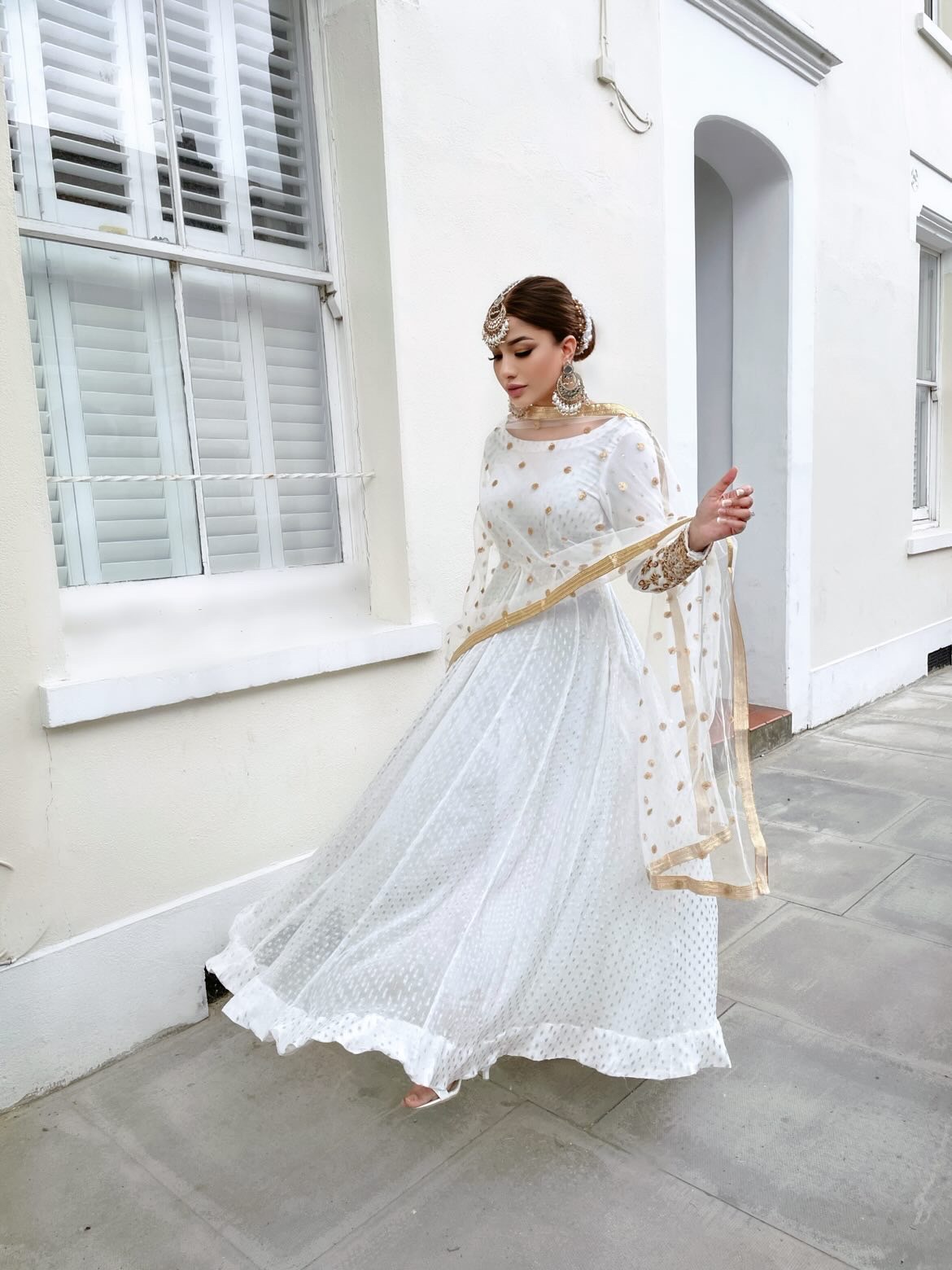 SOLID WHITE HAND EMBELLISHED LONG FLARED ANARKALI WITH DUPATTA AND ...