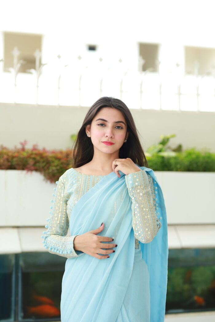 SOLID SKY BLUE CHIKANKARI BLOUSE SAREE – Saad Ibrahim