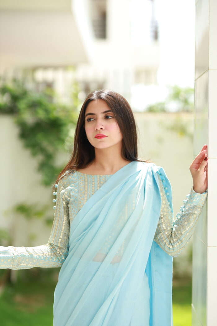 SOLID SKY BLUE CHIKANKARI BLOUSE SAREE – Saad Ibrahim