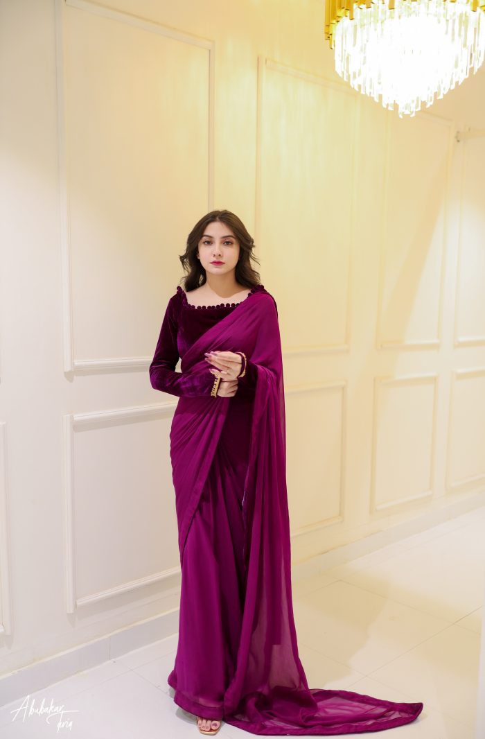 Purple draped sari with blouse main image 1