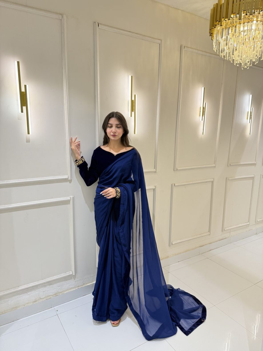 SOLID ROYAL BLUE VELVET BLOUSE AND SAREE