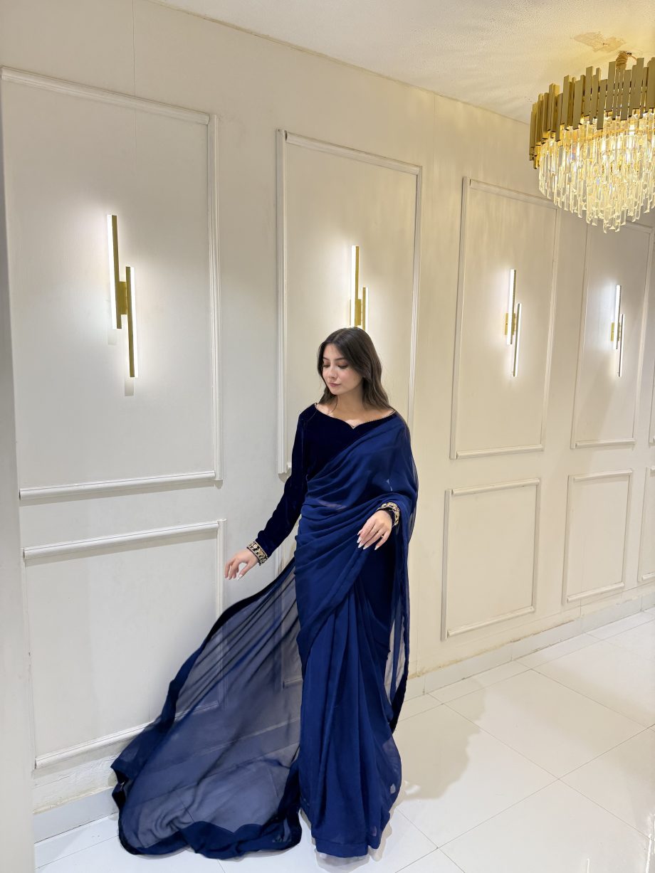 SOLID ROYAL BLUE VELVET BLOUSE AND SAREE