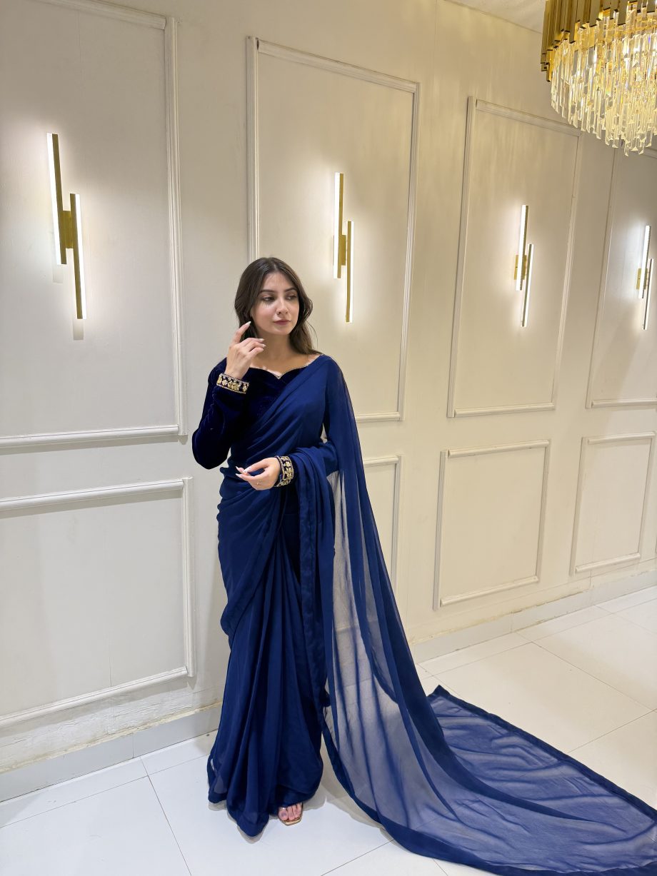 SOLID ROYAL BLUE VELVET BLOUSE AND SAREE