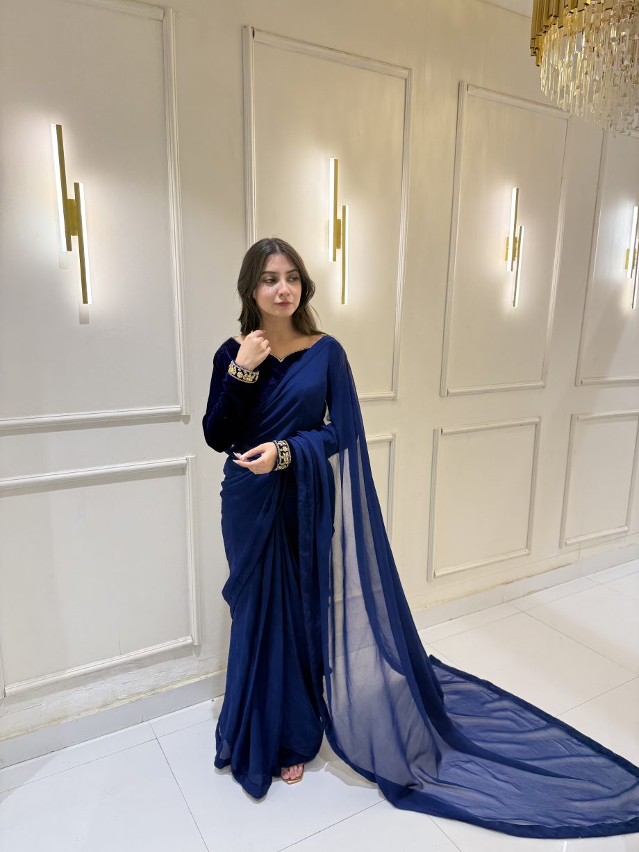 SOLID ROYAL BLUE VELVET BLOUSE AND SAREE