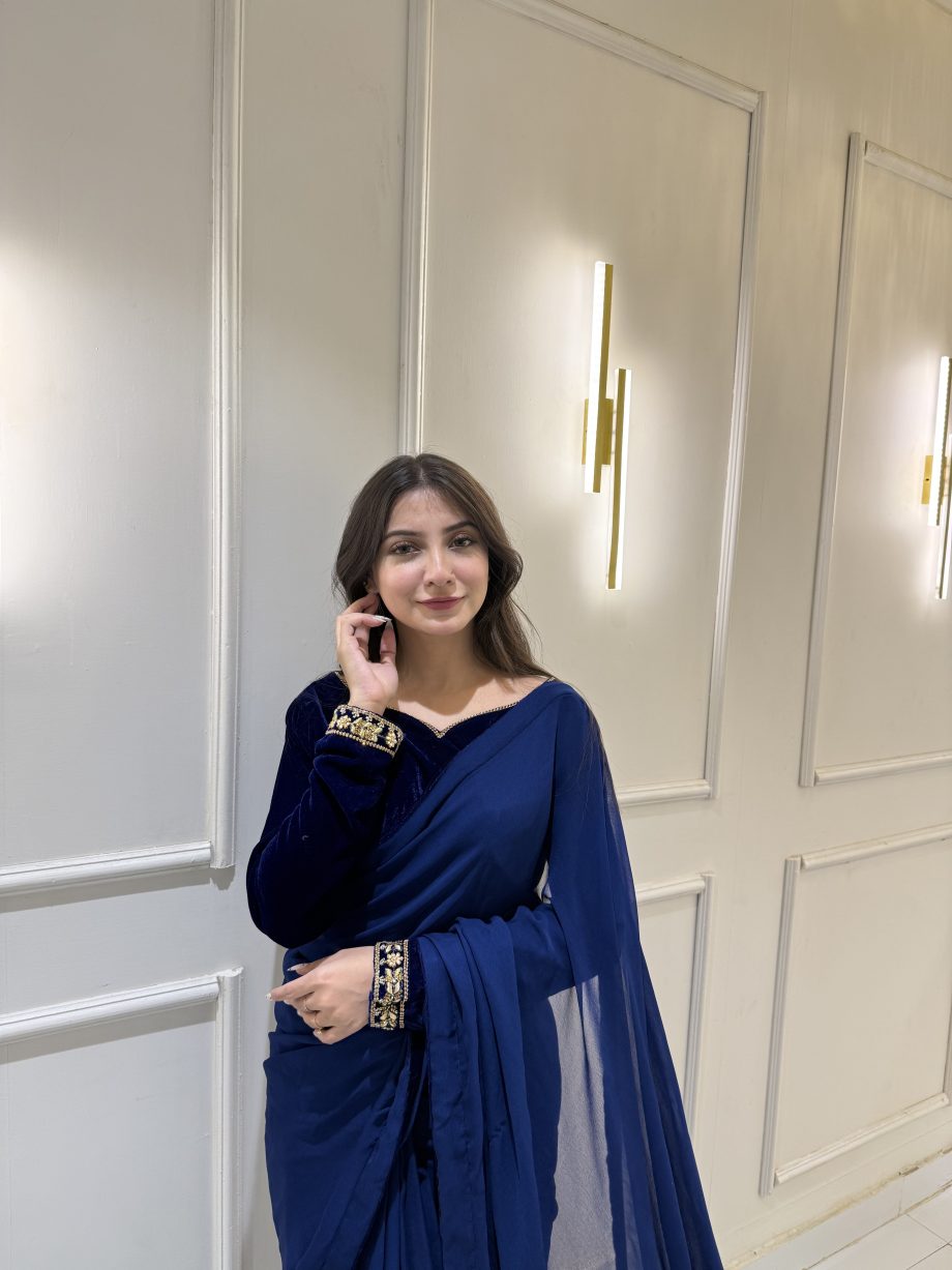 SOLID ROYAL BLUE VELVET BLOUSE AND SAREE