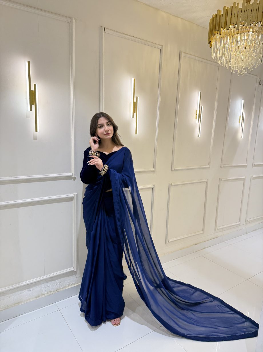 SOLID ROYAL BLUE VELVET BLOUSE AND SAREE