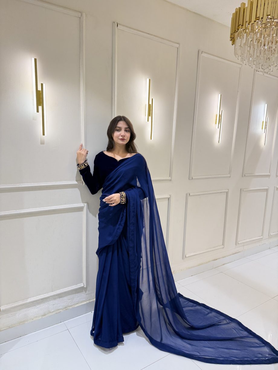 SOLID ROYAL BLUE VELVET BLOUSE AND SAREE