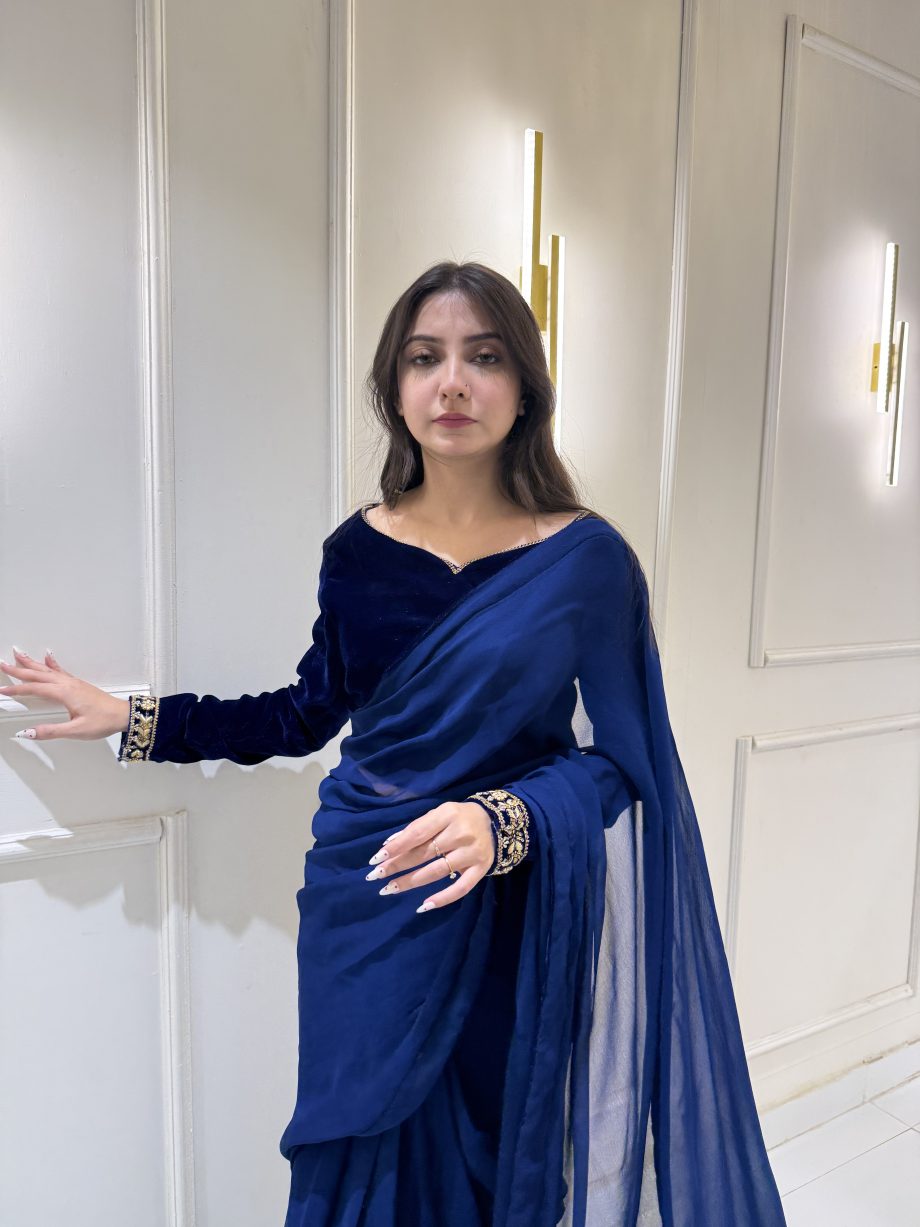 SOLID ROYAL BLUE VELVET BLOUSE AND SAREE