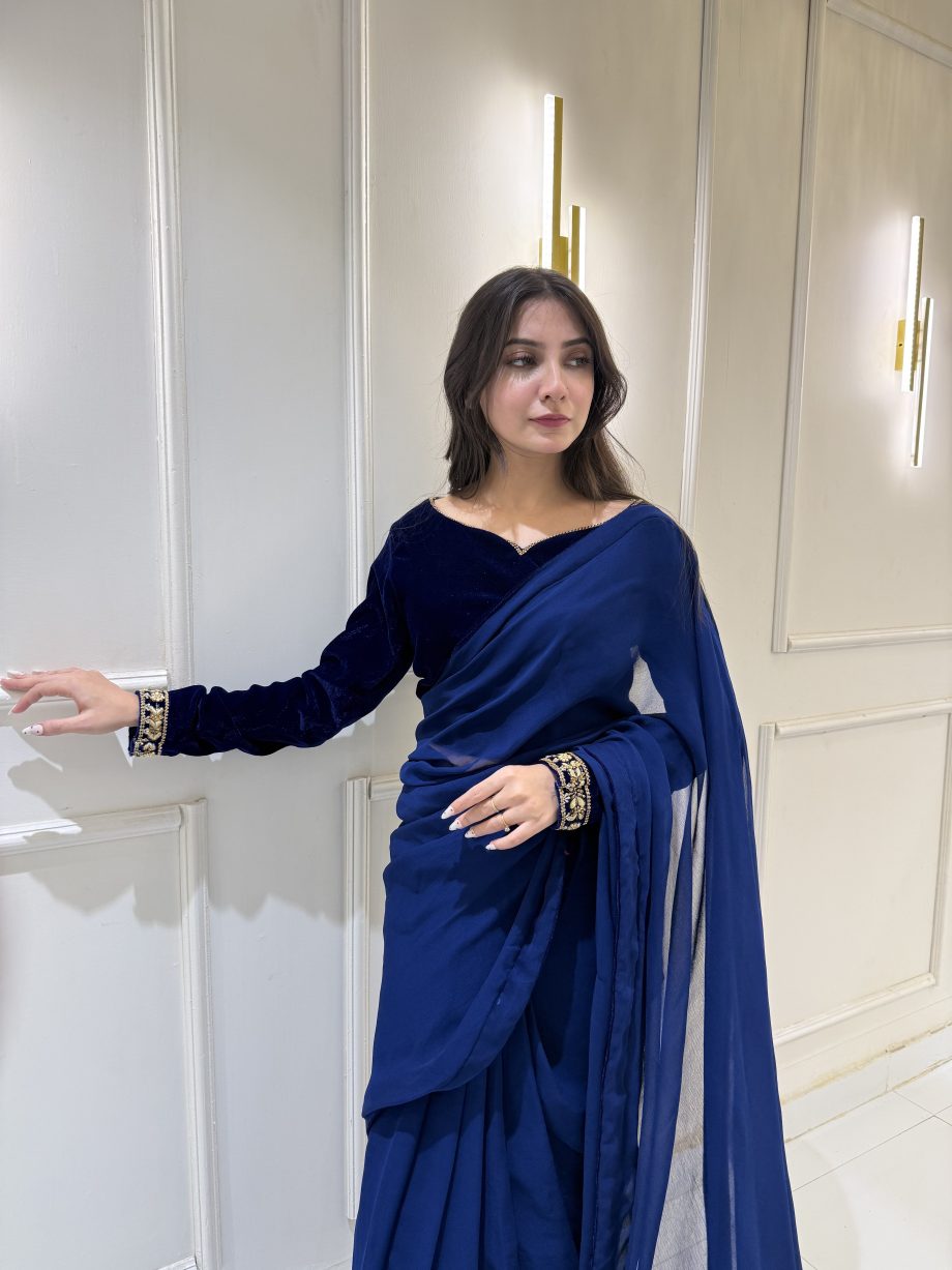 SOLID ROYAL BLUE VELVET BLOUSE AND SAREE