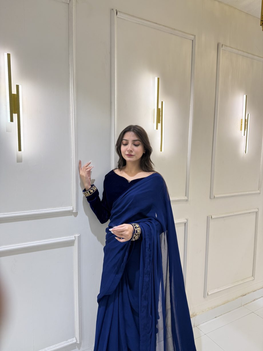 SOLID ROYAL BLUE VELVET BLOUSE AND SAREE