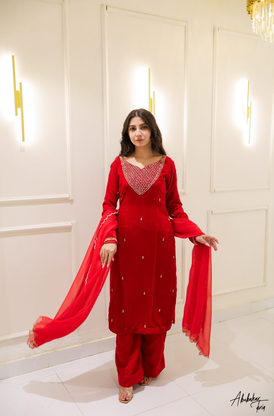 SOLID RED VELVET LONG KURTA PANTS SET WITH DUPATTA