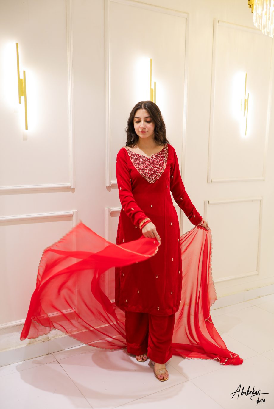 SOLID RED VELVET LONG KURTA PANTS SET WITH DUPATTA