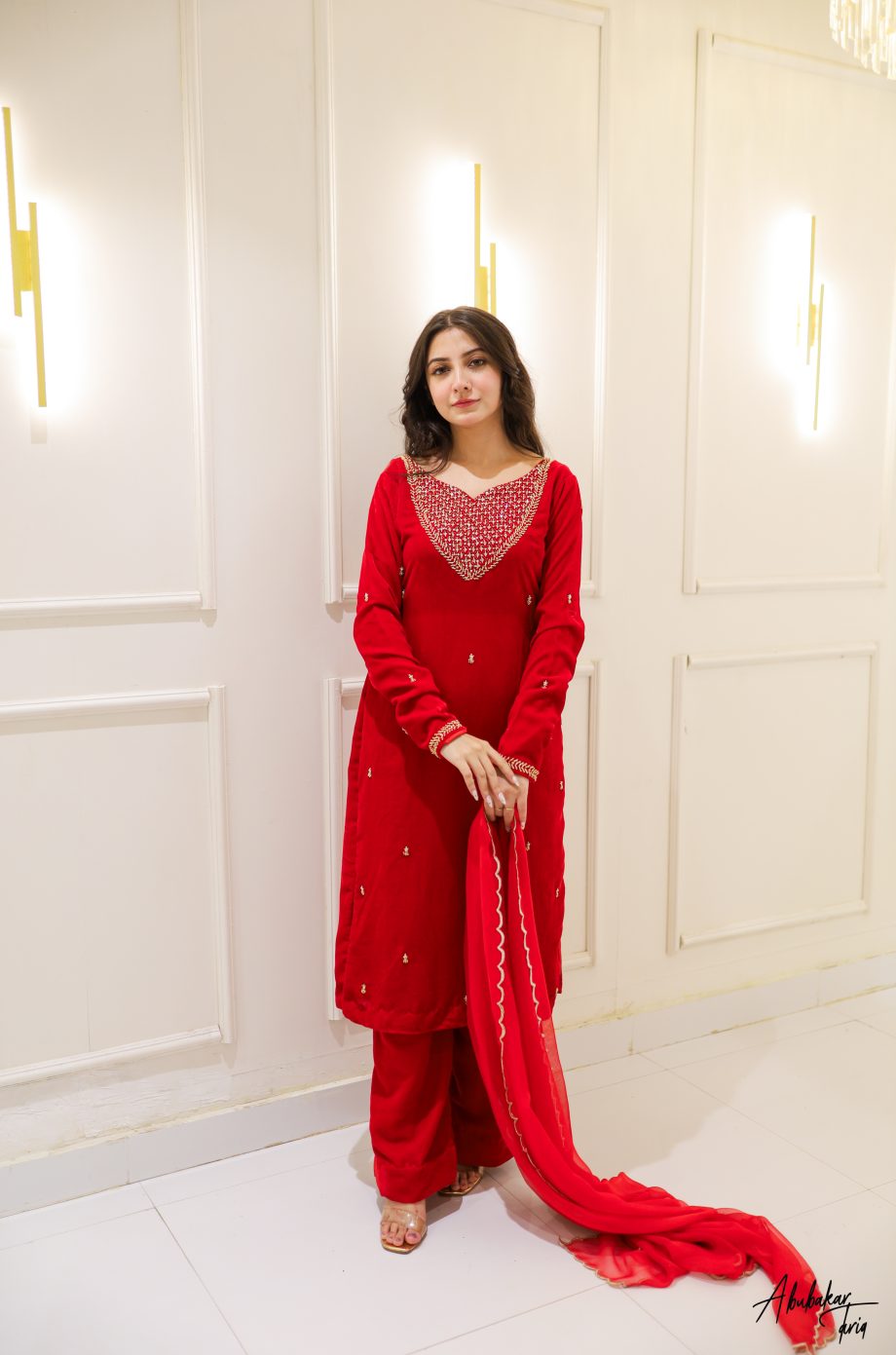 SOLID RED VELVET LONG KURTA PANTS SET WITH DUPATTA