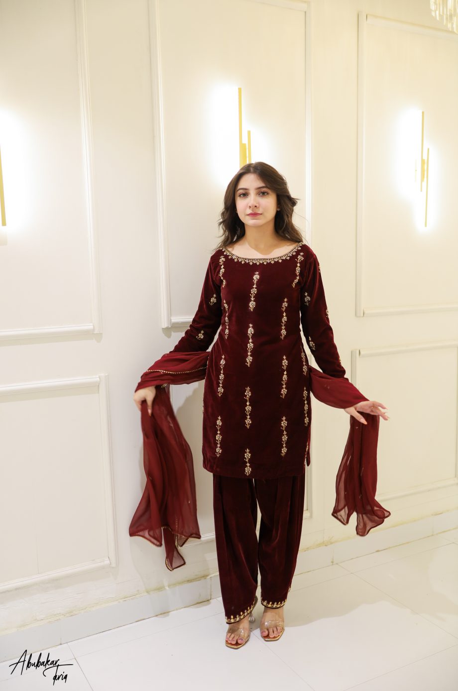 SOLID MAROON VELVET KURTA SHALWAR WITH DUPATTA