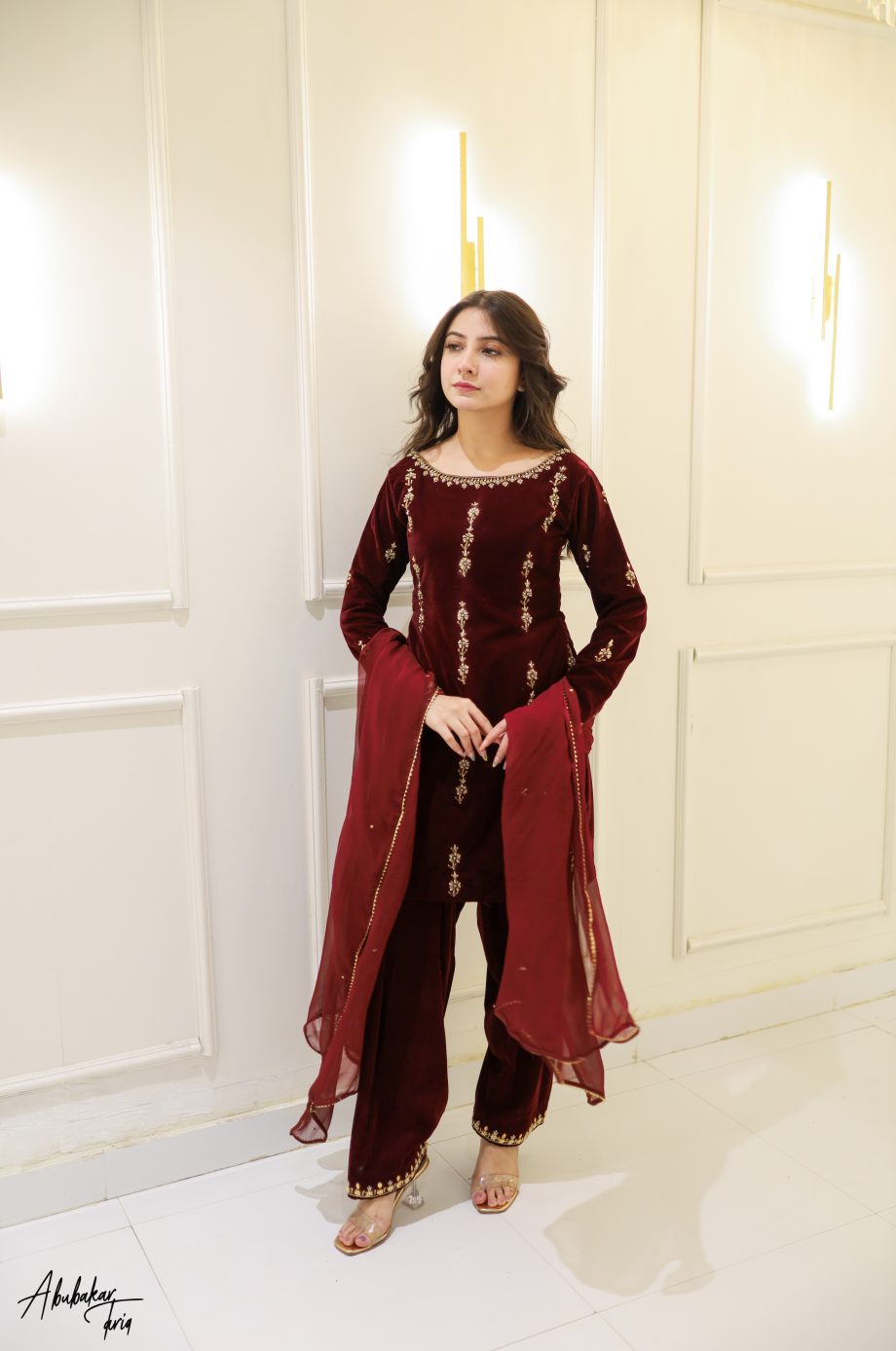 SOLID MAROON VELVET KURTA SHALWAR WITH DUPATTA