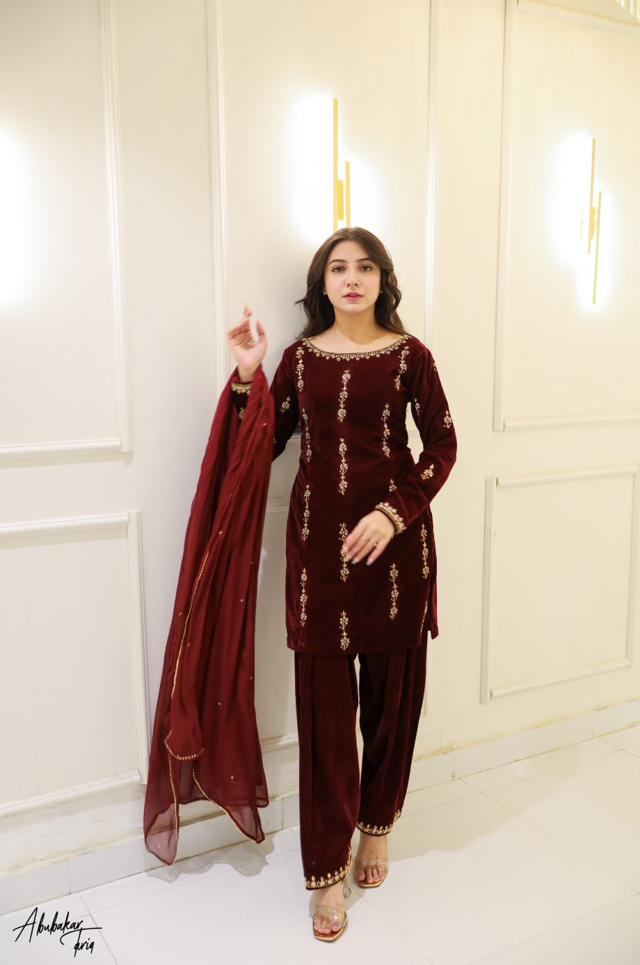 SOLID MAROON VELVET KURTA SHALWAR WITH DUPATTA