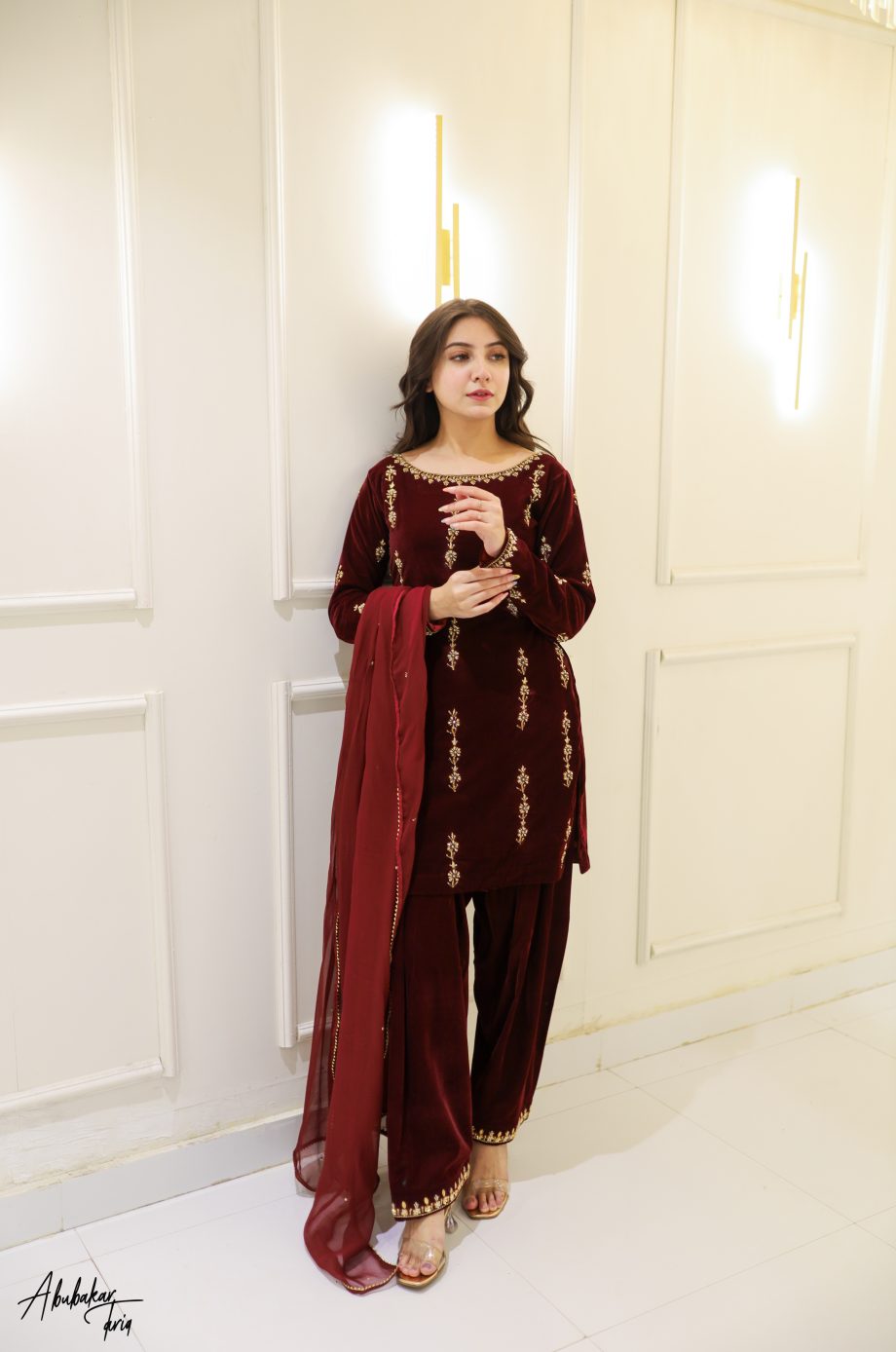 SOLID MAROON VELVET KURTA SHALWAR WITH DUPATTA