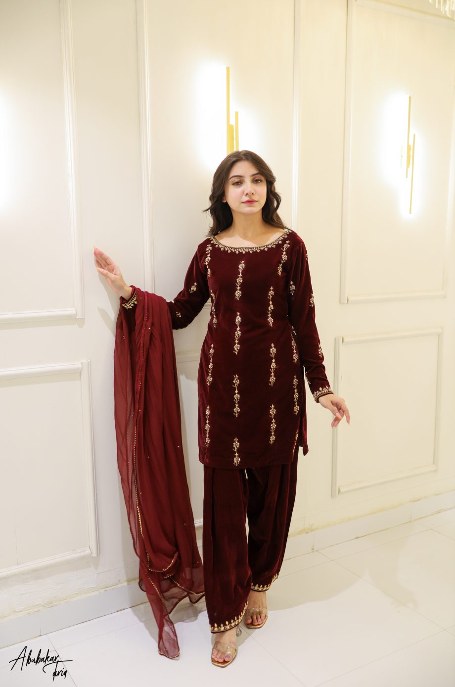 SOLID MAROON VELVET KURTA SHALWAR WITH DUPATTA