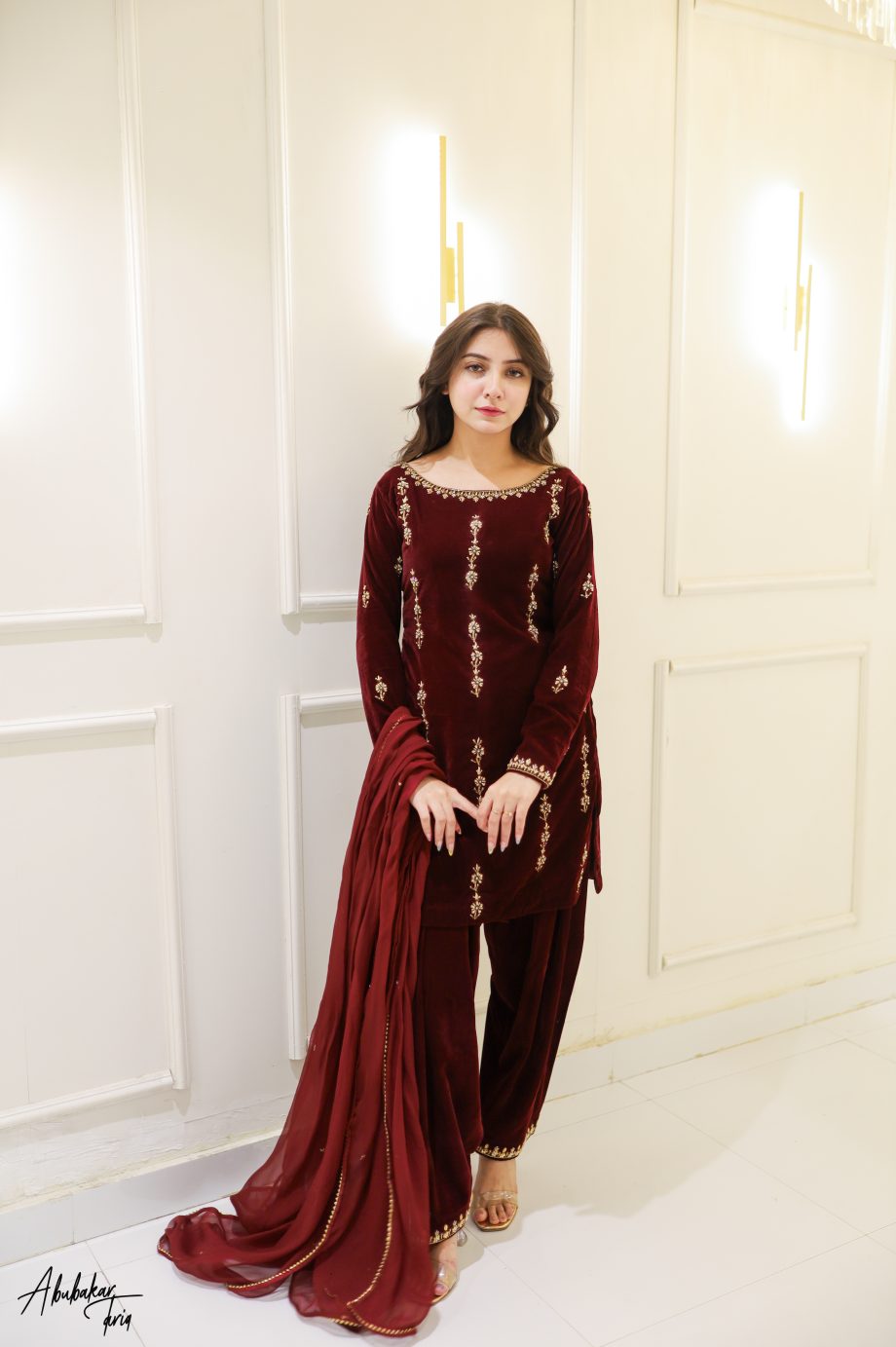 SOLID MAROON VELVET KURTA SHALWAR WITH DUPATTA