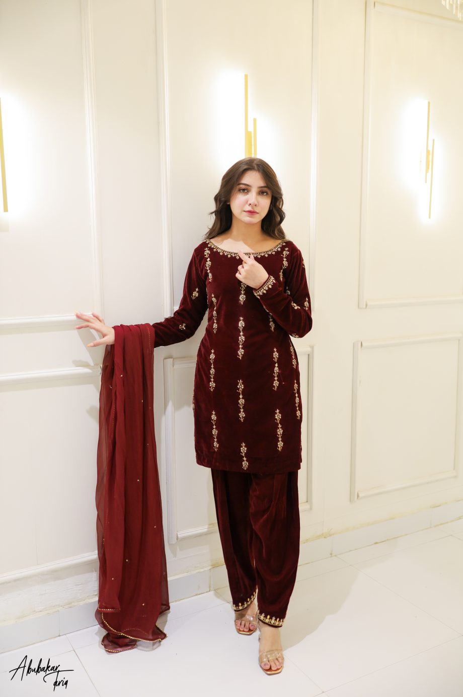 SOLID MAROON VELVET KURTA SHALWAR WITH DUPATTA