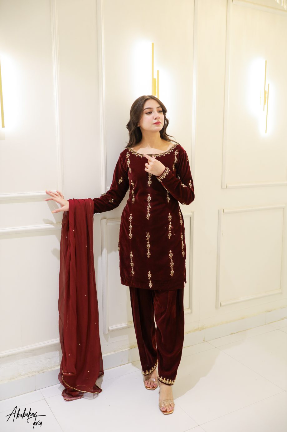 SOLID MAROON VELVET KURTA SHALWAR WITH DUPATTA