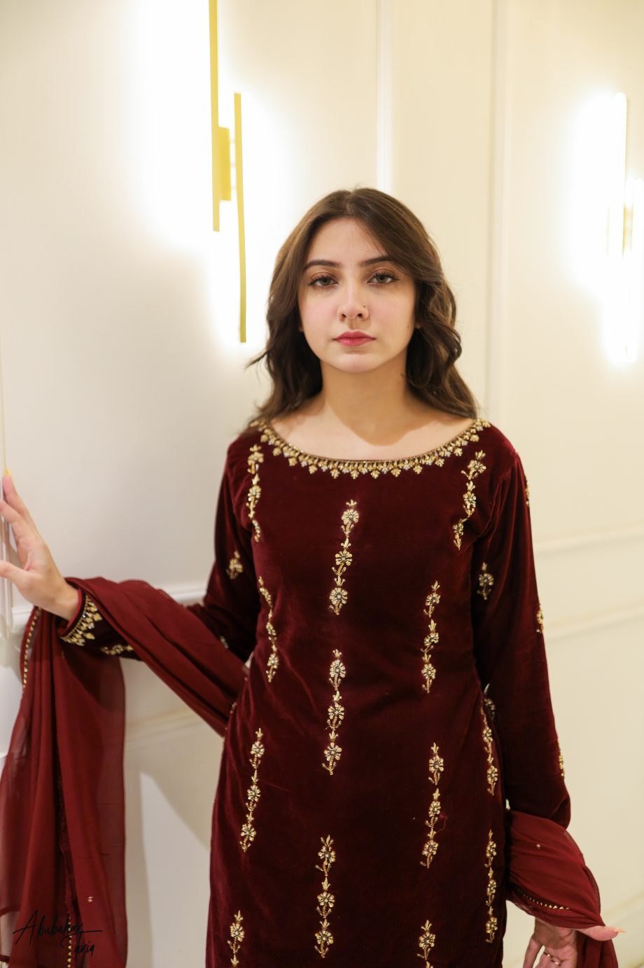 SOLID MAROON VELVET KURTA SHALWAR WITH DUPATTA