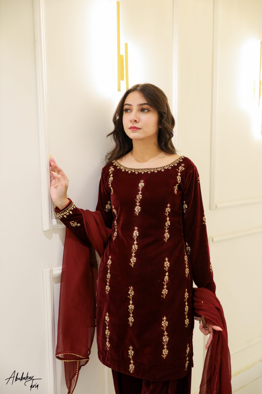 SOLID MAROON VELVET KURTA SHALWAR WITH DUPATTA