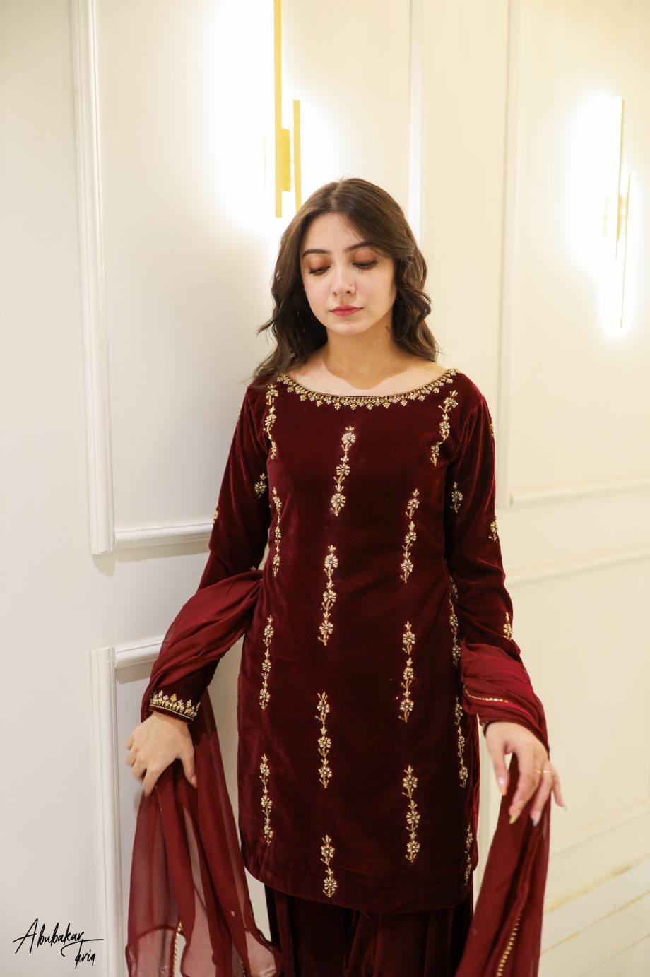 SOLID MAROON VELVET KURTA SHALWAR WITH DUPATTA