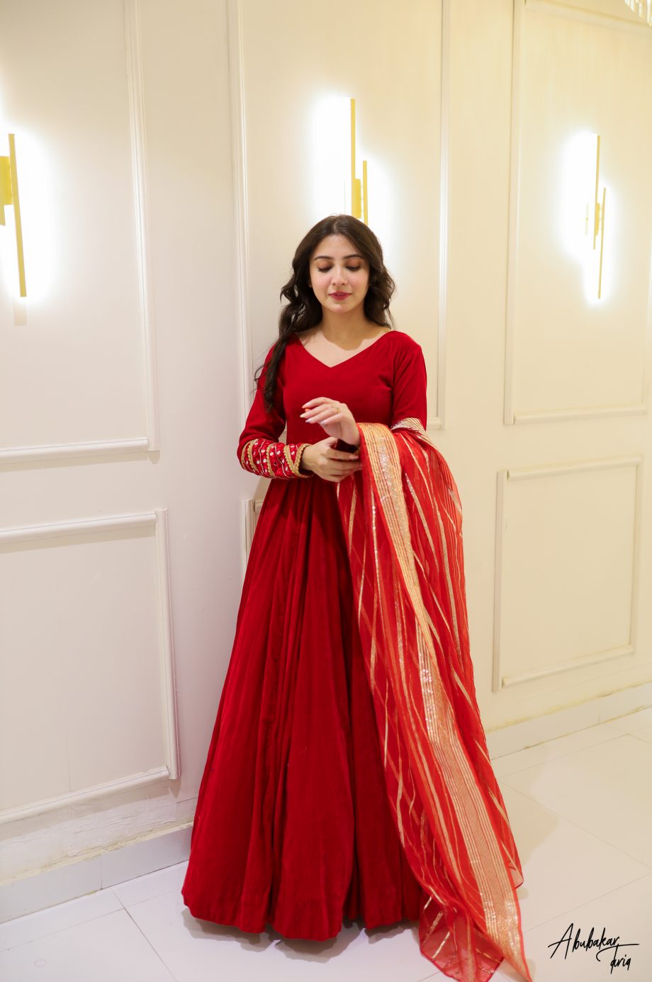 RED VELVET ANARKALI SET WITH DUPATTA