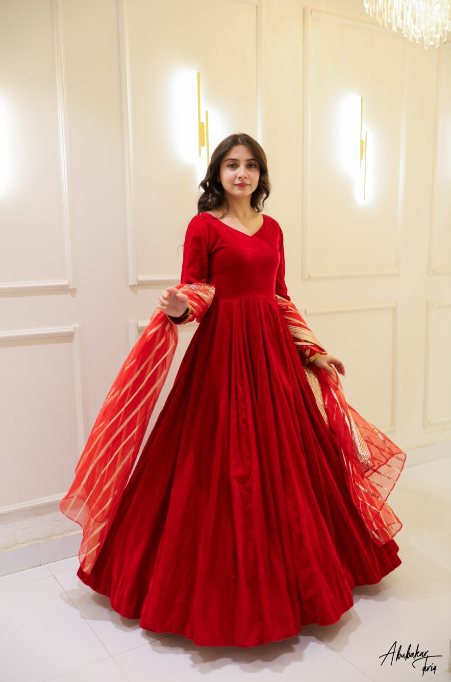 RED VELVET ANARKALI SET WITH DUPATTA