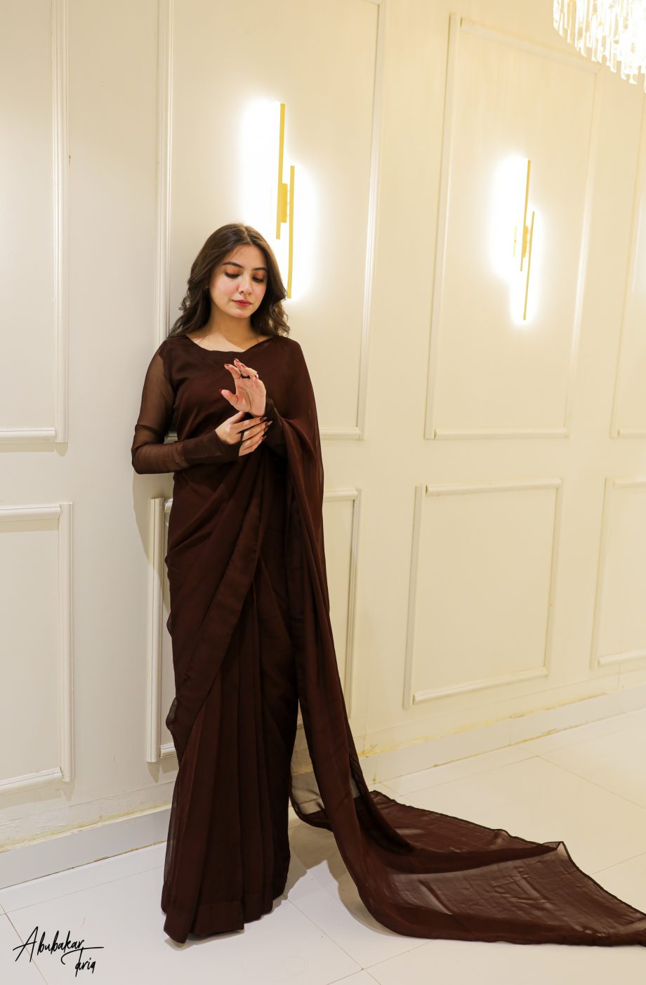 SOLID BROWN CHIFFON SAREE