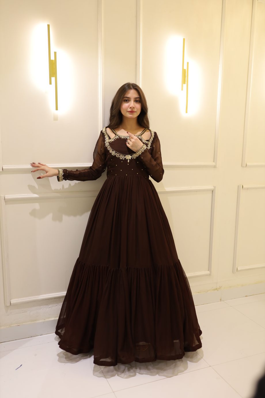 SOLID BROWN HAND EMBELLISHED ANARKALI SET