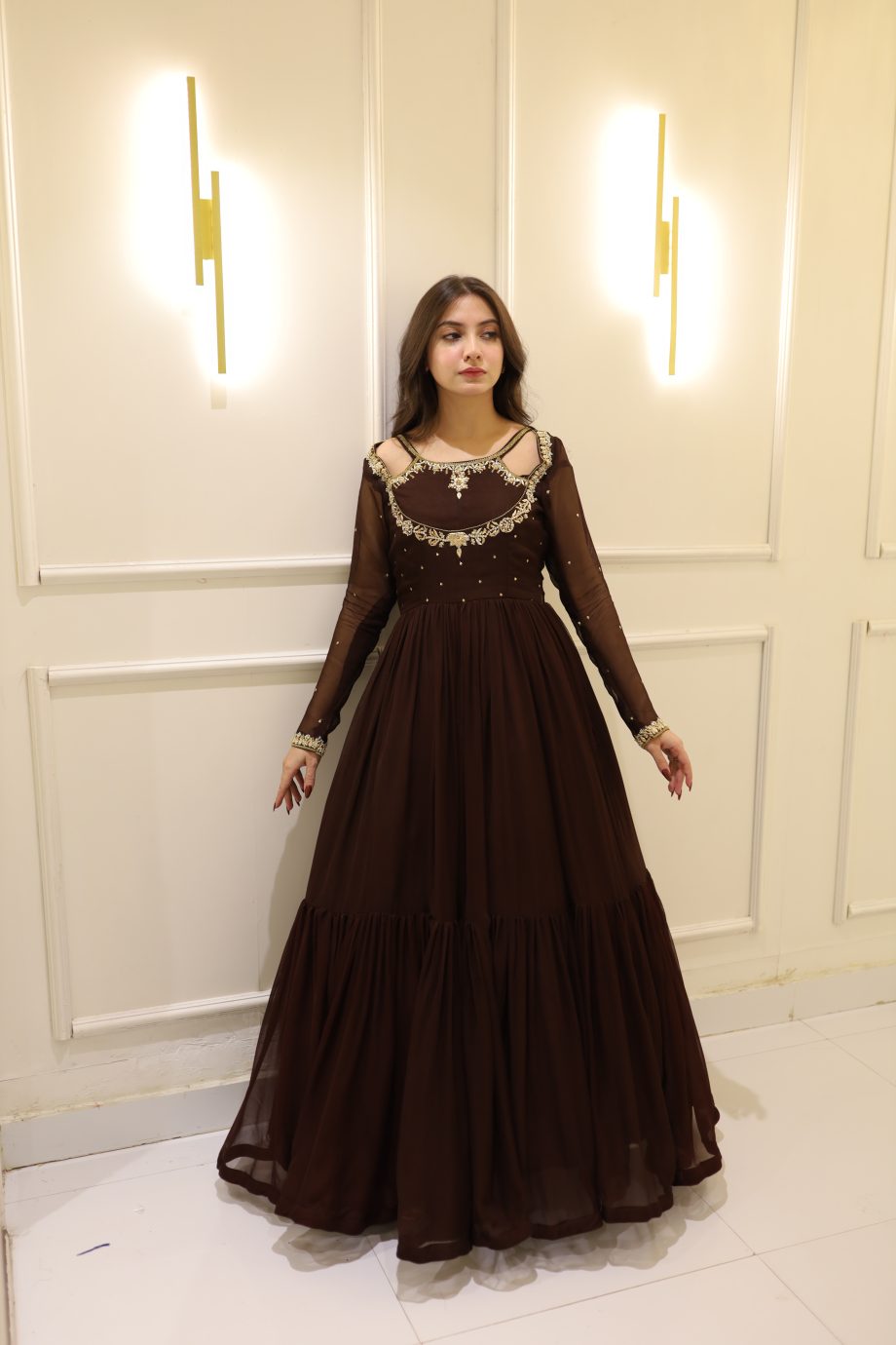 SOLID BROWN HAND EMBELLISHED ANARKALI SET