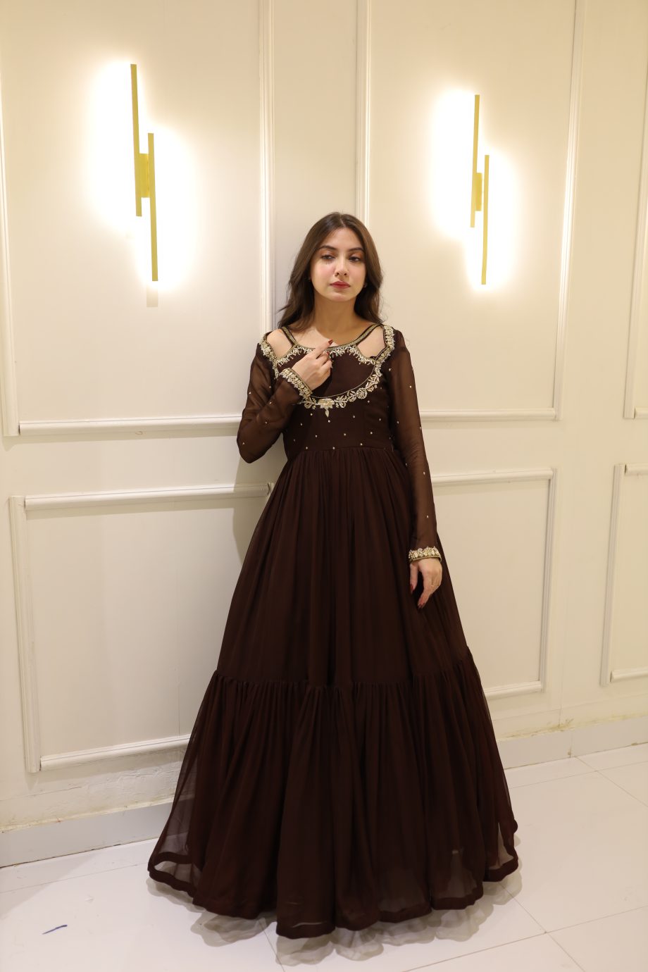 SOLID BROWN HAND EMBELLISHED ANARKALI SET