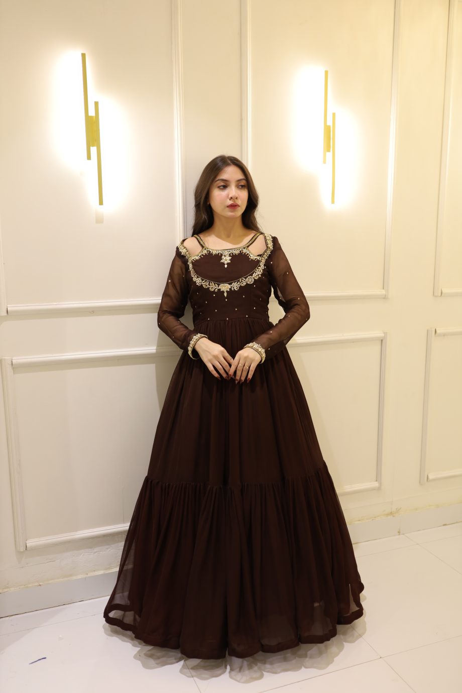 SOLID BROWN HAND EMBELLISHED ANARKALI SET