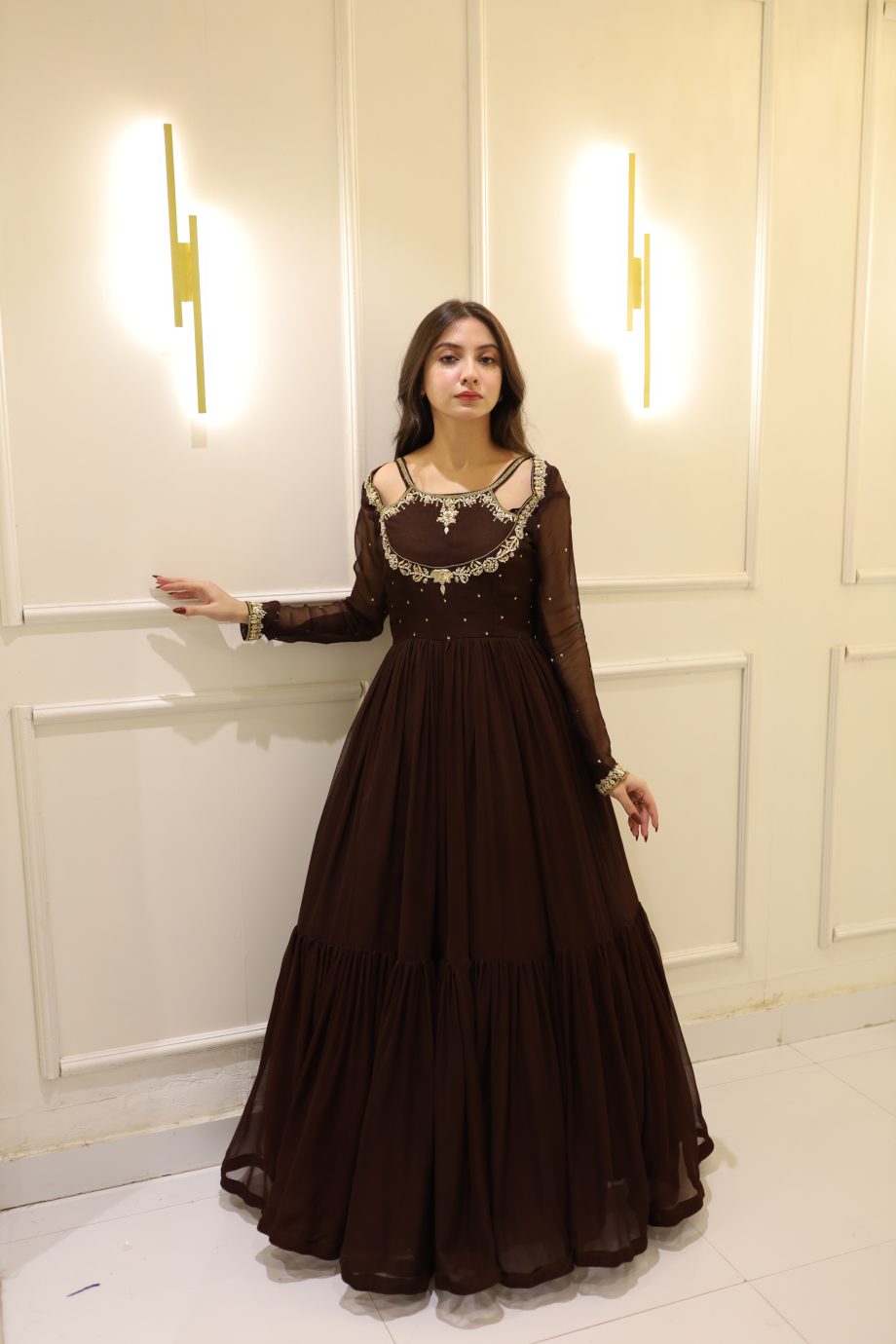 SOLID BROWN HAND EMBELLISHED ANARKALI SET