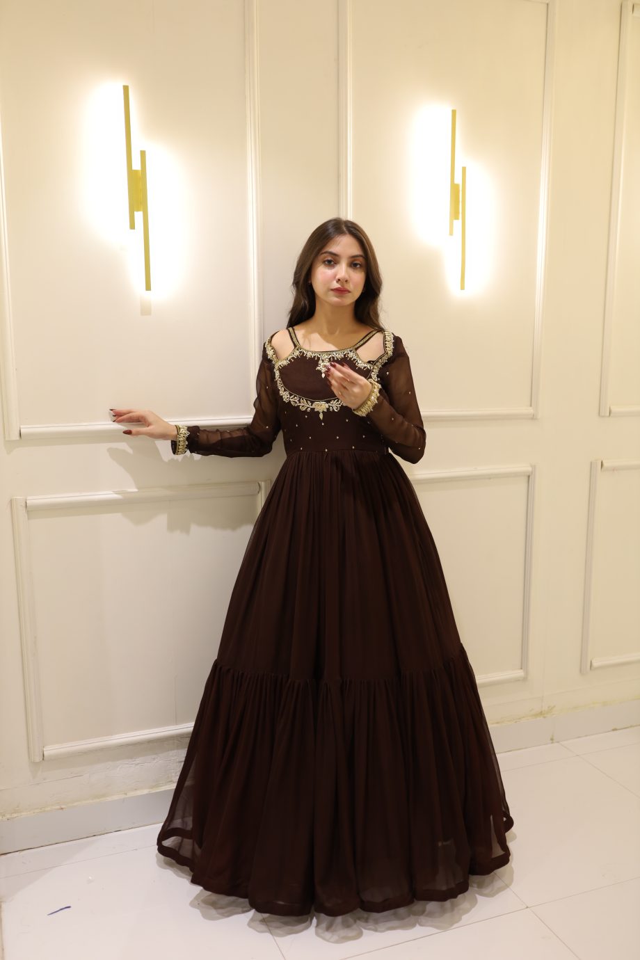 SOLID BROWN HAND EMBELLISHED ANARKALI SET