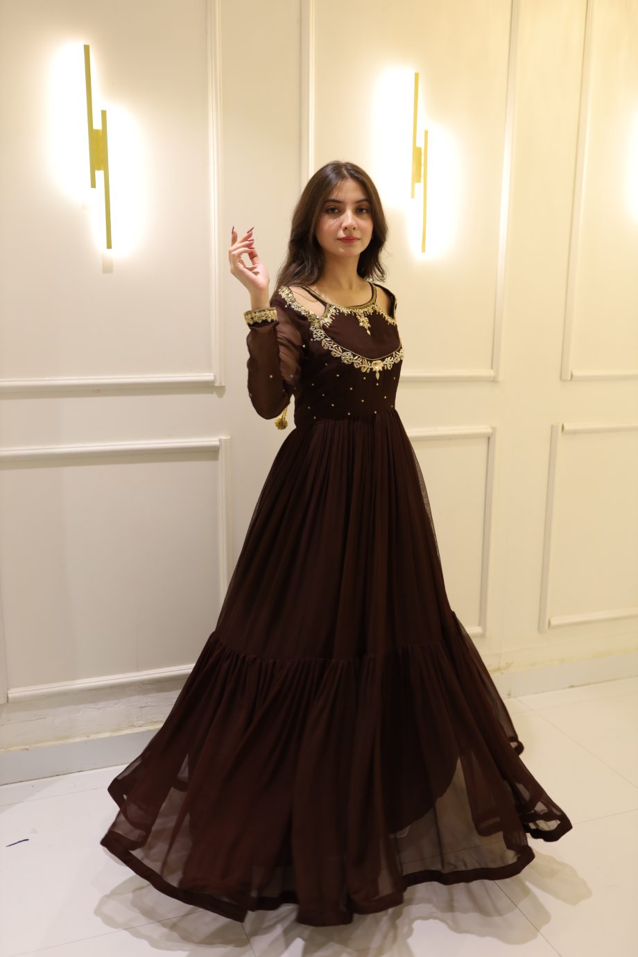 SOLID BROWN HAND EMBELLISHED ANARKALI SET