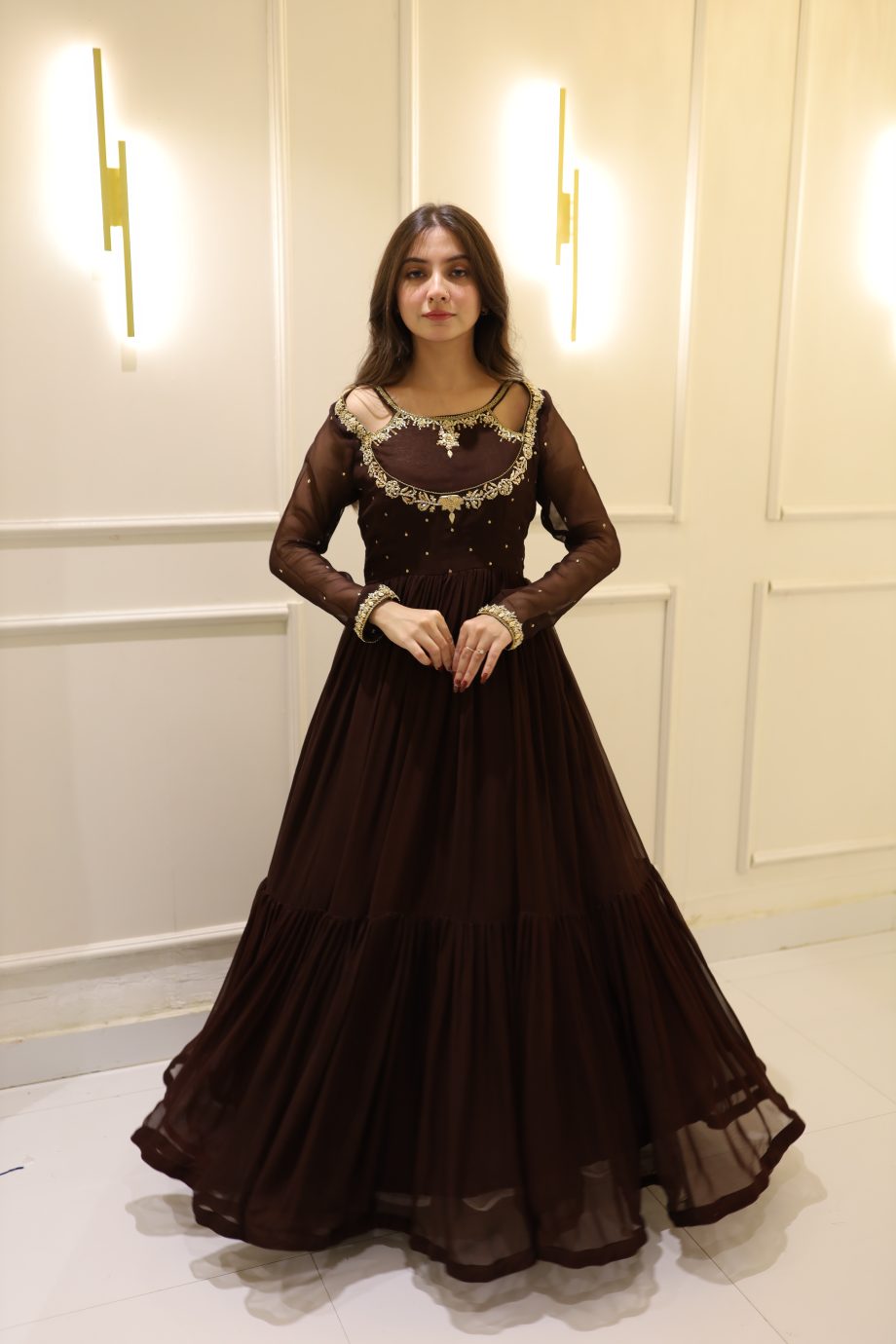 SOLID BROWN HAND EMBELLISHED ANARKALI SET