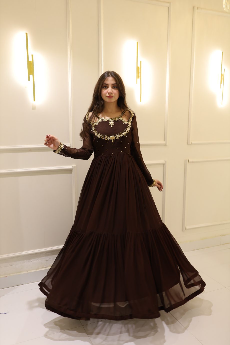 SOLID BROWN HAND EMBELLISHED ANARKALI SET