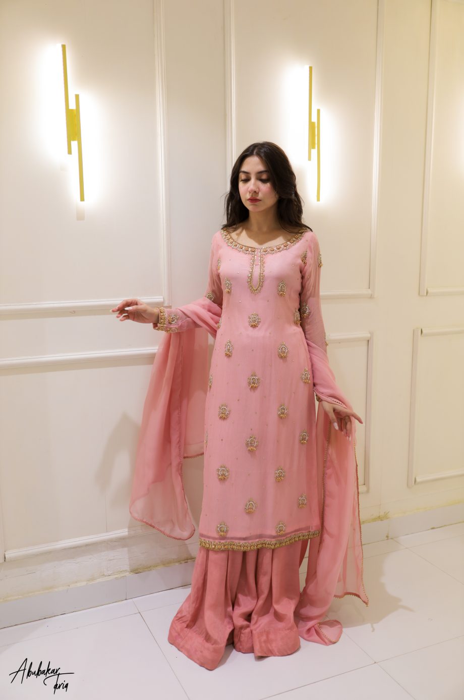 SOLID PINK HAND EMBELLISHED KURTA GHARARA WITH DUPATTA