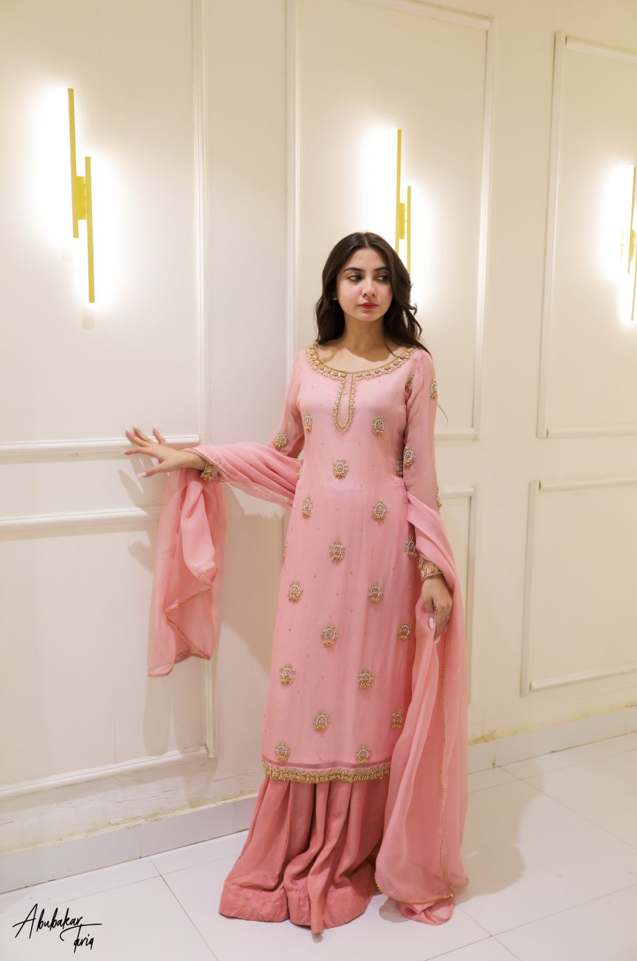 SOLID PINK HAND EMBELLISHED KURTA GHARARA WITH DUPATTA