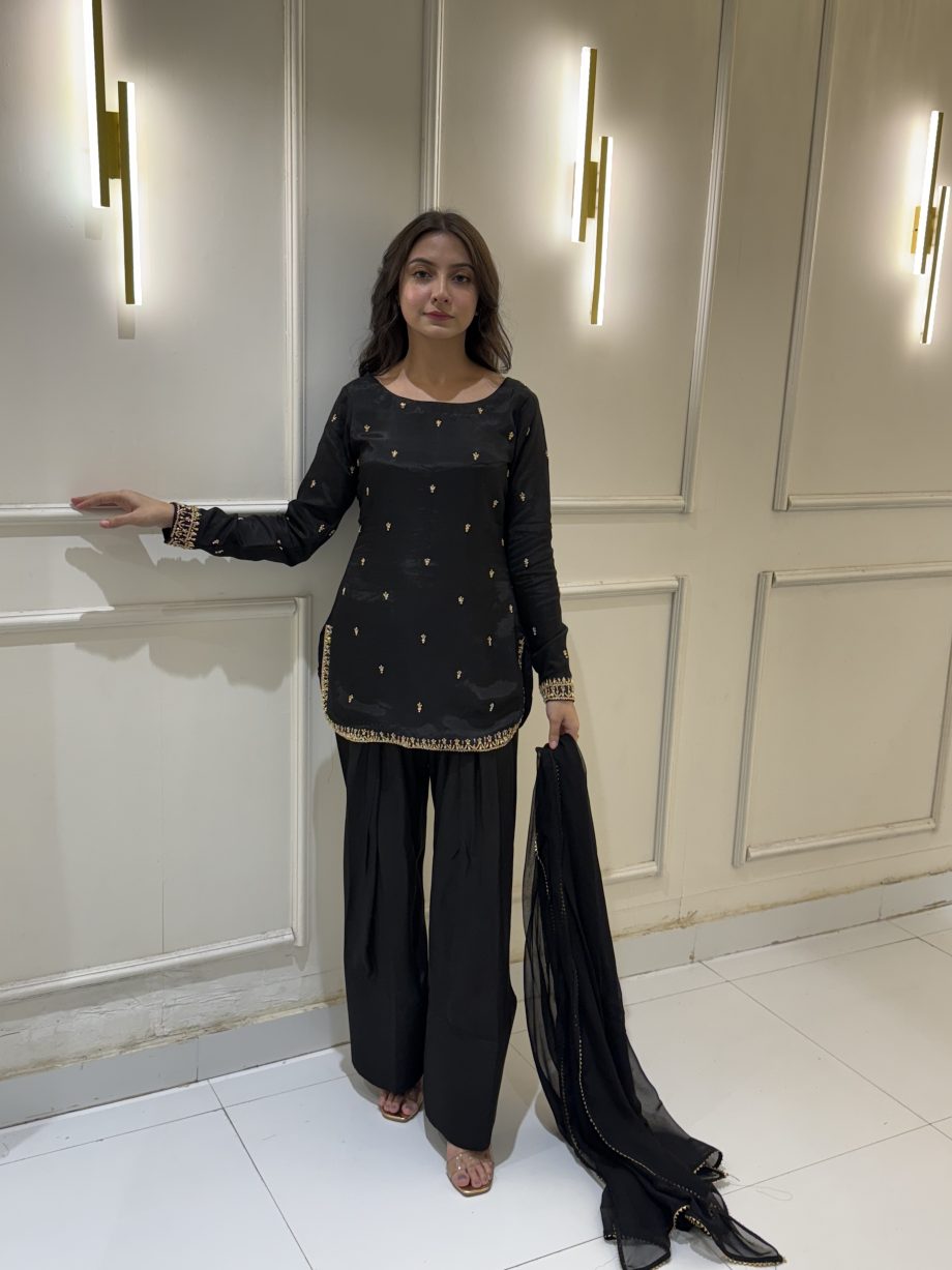 SOLID BLACK SHORT KURTA WITH SHALWAR AND DUPATTA