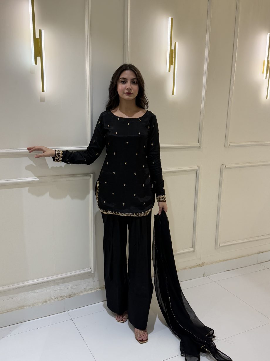 SOLID BLACK SHORT KURTA WITH SHALWAR AND DUPATTA