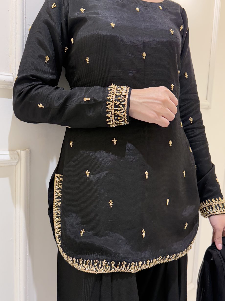 SOLID BLACK SHORT KURTA WITH SHALWAR AND DUPATTA