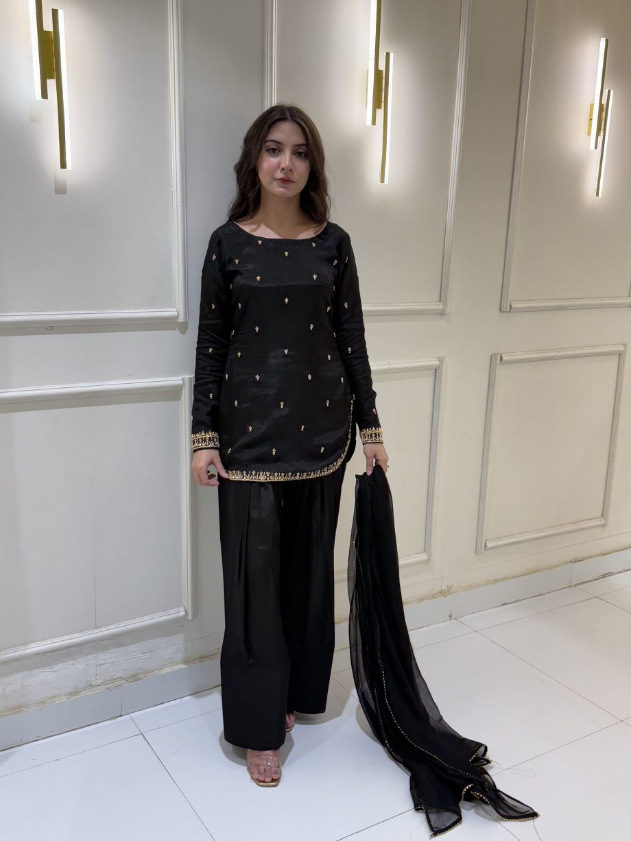 SOLID BLACK SHORT KURTA WITH SHALWAR AND DUPATTA