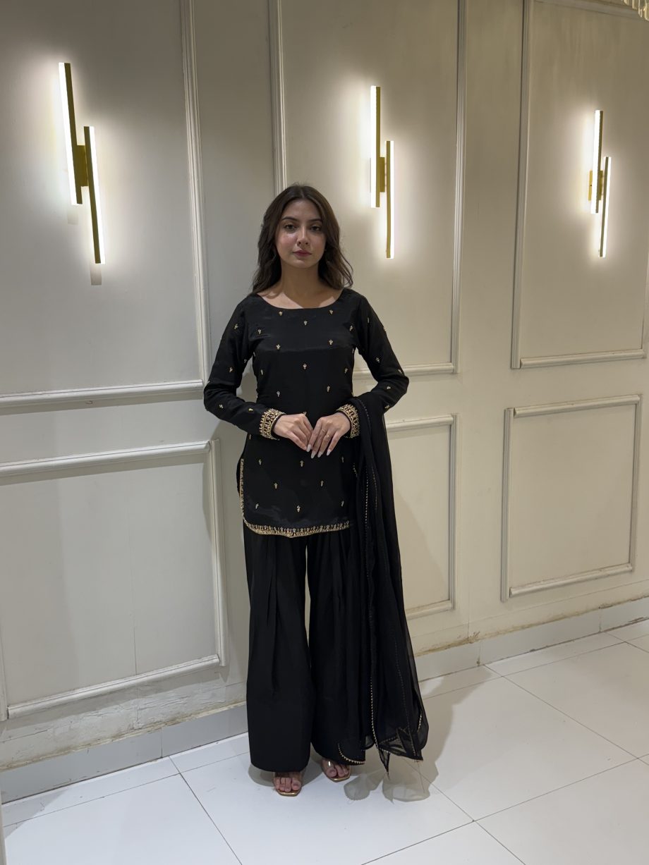 SOLID BLACK SHORT KURTA WITH SHALWAR AND DUPATTA