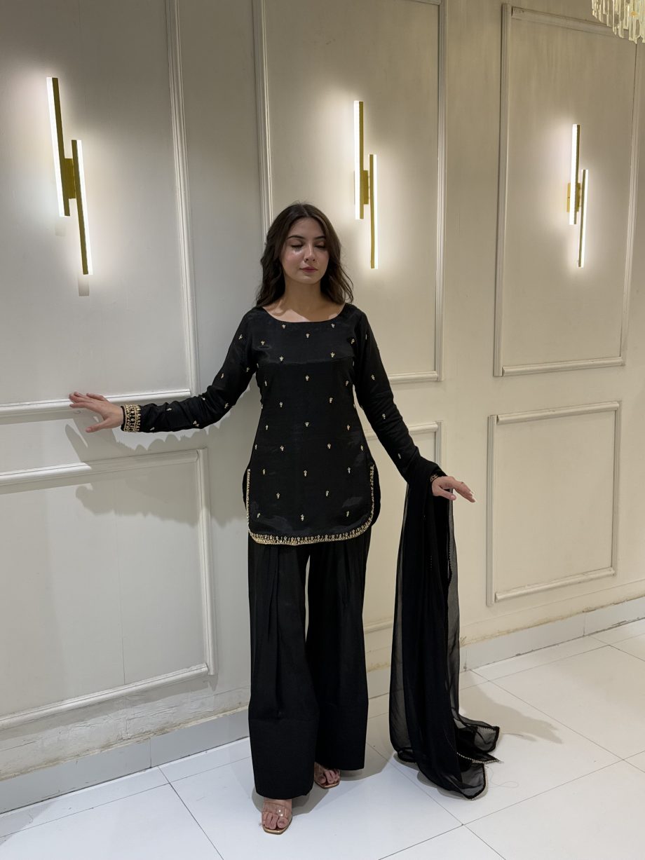 SOLID BLACK SHORT KURTA WITH SHALWAR AND DUPATTA