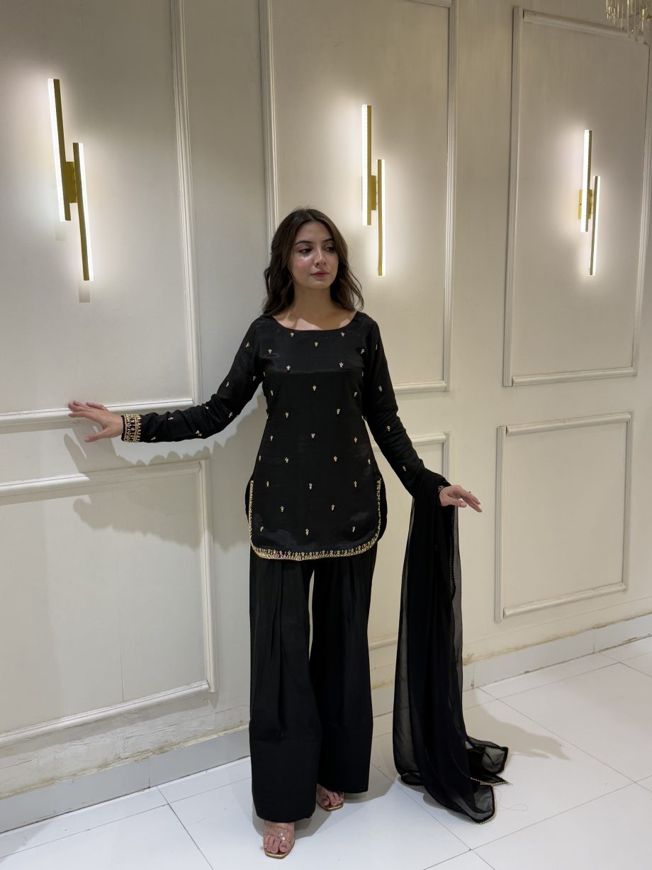 SOLID BLACK SHORT KURTA WITH SHALWAR AND DUPATTA